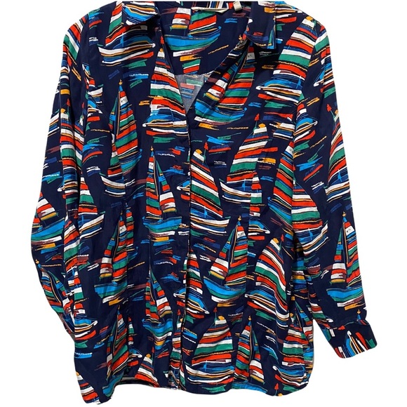 Soft Surroundings Sail Away blouse Sail Boat Button front long sleeves Medium - Picture 2 of 9